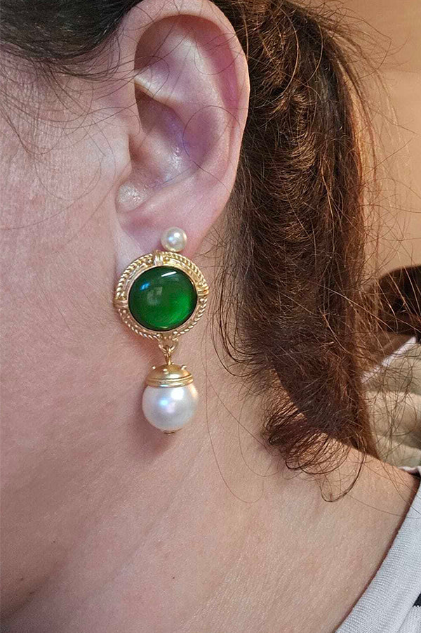 Retro Elegant Gentle Court Green Glaze Pearl Dangle Earrings