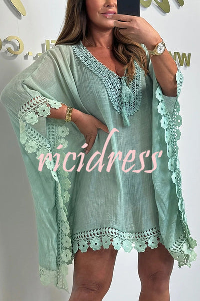Solid Color Casual Lace Loose Cover Up Mini Dress
