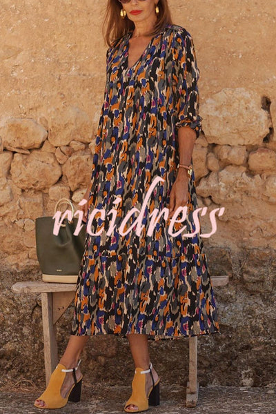 Multicolor Color Block Print V-neck Loose Resort Midi Dress