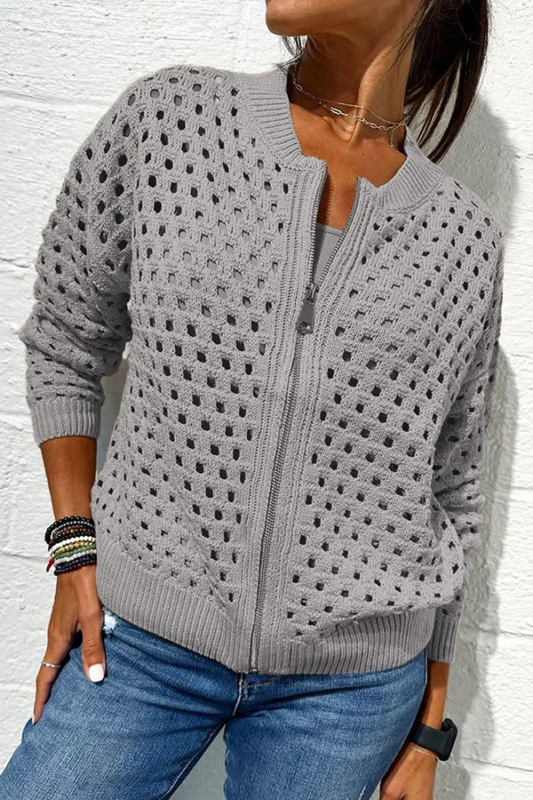 Solid Color Casual Knit Hollow Zipper Jacket
