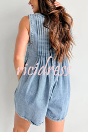 Downtown Daze Denim Pleated Tie-up Pocketed Loose Romper