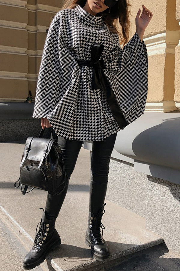 Stylish Houndstooth Loose Lace-up Cape