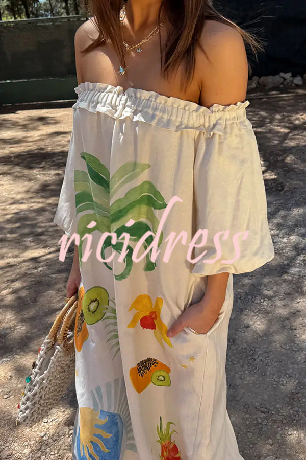 Sunveil Linen Blend Unique Print Puff Sleeve Pocket Strapless Maxi Dress