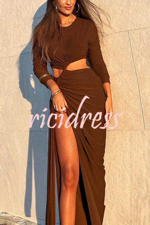 Solid Color Round Neck Long Sleeve Sexy Exposed Waist Slit Maxi Dress