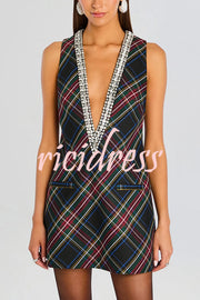 Elegant Demeanor Satin Gemstone Trim Deep V-Neck Tank H-line Mini Dress