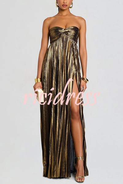 Metallic Sexy Tube Top Pleated High Slit Maxi Dress