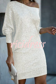 Solid Sequined Off-shoulder Loose Mini Dress