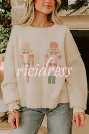 Nutcracker Nights Cross Stitch Knit Long Sleeve Loose Sweater