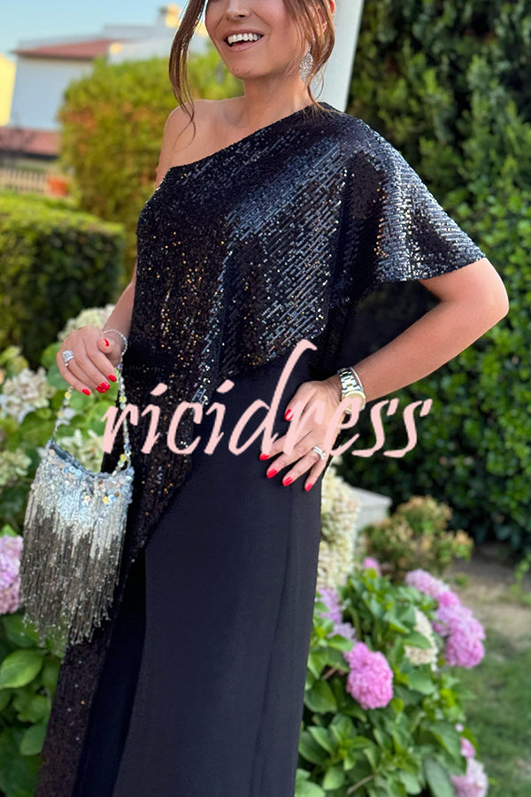 Party Favors Sequin One Shoulder Ruffle Detail Wide Leg Evening Jumpsuit