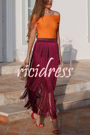 Elegant Tassel Hem Elastic Waist Casual Maxi Skirt