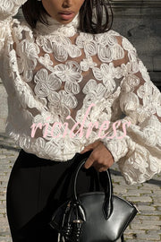 Fashionable Embroidered Flower Loose Puff Sleeve Hollow Top