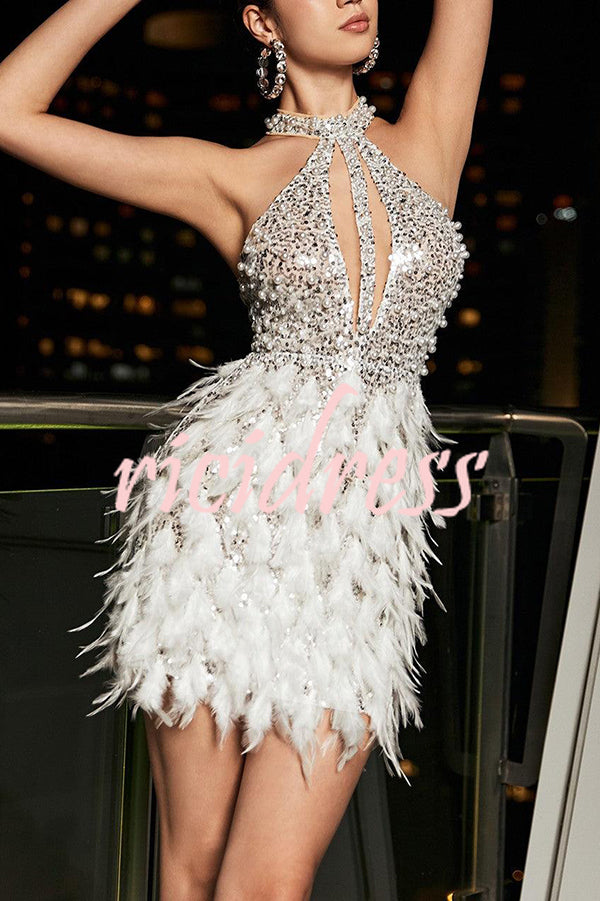 Stylish Sequined Sleeveless Feather-embellished Slim-fit Mini Dress