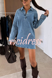 Fashion Lapel Long Sleeve Loose Denim Mini Dress