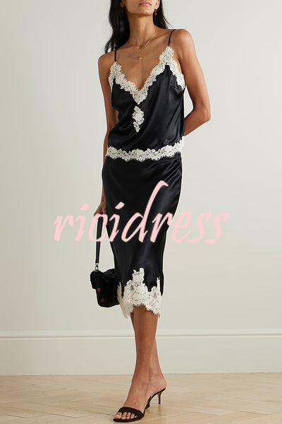 Celebration Look Contrast Color Satin Lace Trim V-Neck Slip Tank