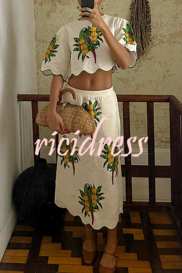 Parrot Print Round Neck Loose Crop Top and Elastic Waist Pocket Casual Midi Skirt Set