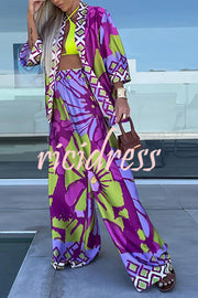 Cymbeline Satin Floral Print Belted Kimono Top and Elastic Waist Pants Set