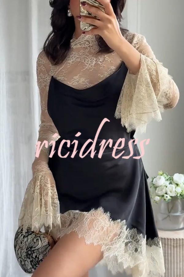Gothic Romantic Lace Satin Patchwork High Neck Bell Sleeve Loose Mini Dress