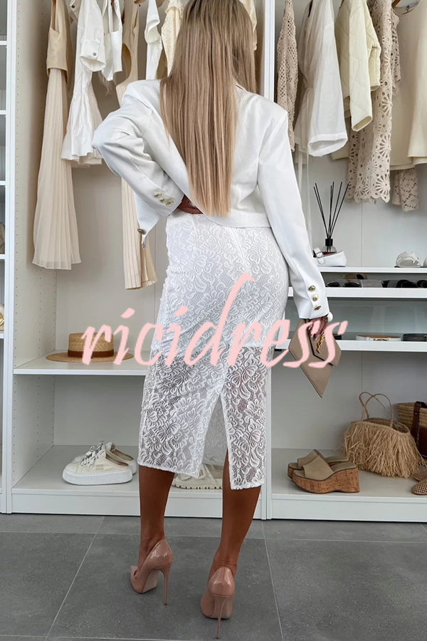 Lesia Floral Lace High Rise Slit Stretch Midi Skirt
