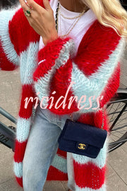 Fashionable Contrast Stripes Lazy Style Loose Long Knitted Cardigan