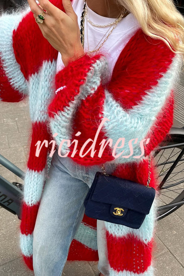 Fashionable Contrast Stripes Lazy Style Loose Long Knitted Cardigan