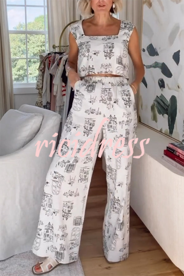 Maeve Linen Blend Unique Print Square Neck Tank and Elastic Waist Pocket Loose Pants Set