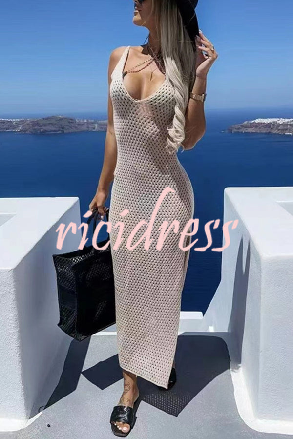 Solid Color V-neck Hollow Beach Knitted Cover-up Midi Dress