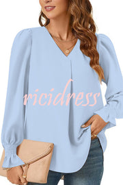 Solid Color V-neck Elastic Cuffs Long-sleeved Loose Top