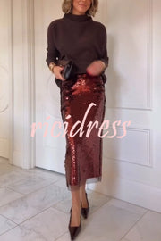 Upper East Chic Sequin Mesh Trim High Rise Slit Pencil Midi Skirt