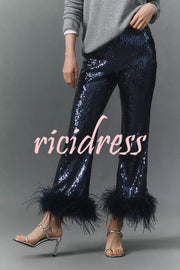 New Year Eve Sequin Feather Trim High Rise Back Zipper Flare Pants