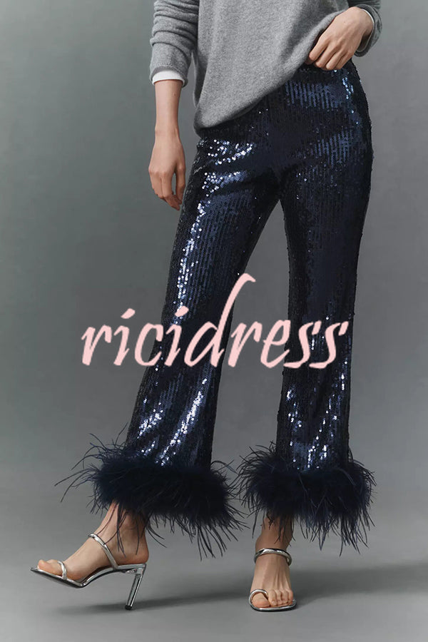 New Year Eve Sequin Feather Trim High Rise Back Zipper Flare Pants