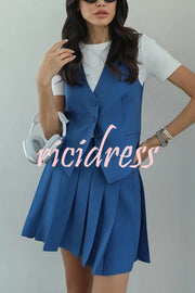 Solid Color Sleeveless Buttoned Vest and High-waisted Pleated Mini Skirt Set