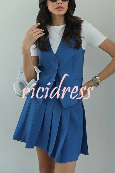 Solid Color Sleeveless Buttoned Vest and High-waisted Pleated Mini Skirt Set