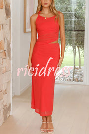 Solid Color Mesh Splicing Waist-baring Slim Maxi Dress