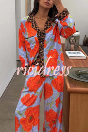 Color-block Poppy Leopard Print Trim Loose Shirt and Elastic Waist Pocketed Pajama Set