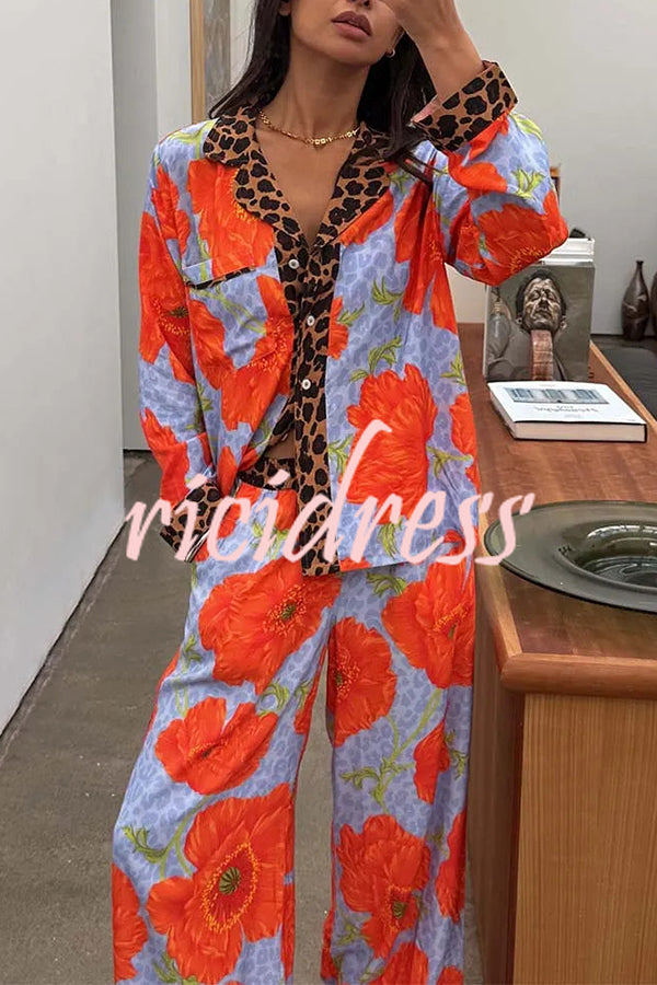 Color-block Poppy Leopard Print Trim Loose Shirt and Elastic Waist Pocketed Pajama Set