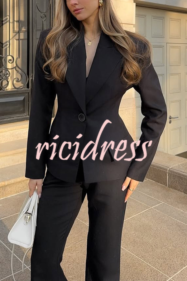 Solid Color Long-sleeved Single-button Blazer and Pocket Casual Flared Pants Set