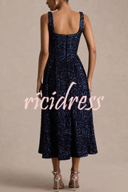 Effortless Sparkle Sequin Square Neck Wide Strap A-Line Midi Dress