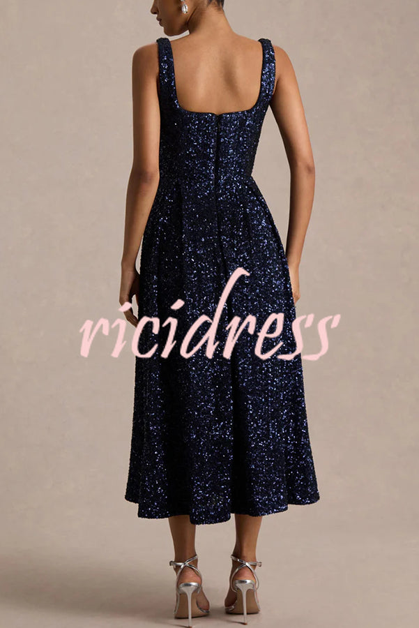 Effortless Sparkle Sequin Square Neck Wide Strap A-Line Midi Dress