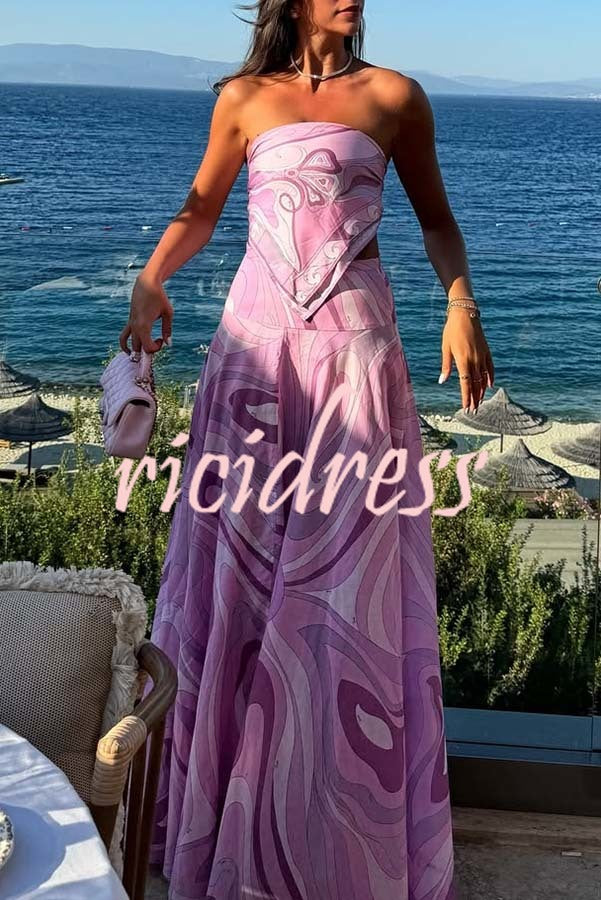 Nessie Satin Unique Print Scarf Tube Top and High Rise A-line Maxi Skirt Set