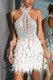 Stylish Sequined Sleeveless Feather-embellished Slim-fit Mini Dress