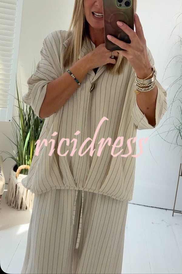 Fashion Striped Print Lapel Loose Top and Elastic Waist Casual Wide-leg Pants Set