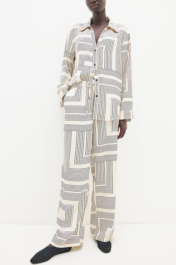 Unique Print Lapel Long Sleeve Loose Shirt and Elastic Waist Casual Pocket Wide Leg Pants Set