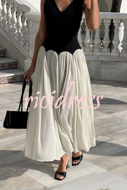 Flowing Elegant V-neck Chiffon Pleated Hem Two-tone Maxi Dress