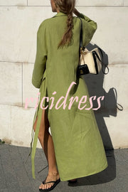 Linen Blend Solid Color Casual Lapel Tie Loose Maxi Dress