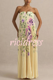 For Every Occasion Satin Pleated Floral Print V-wire Bandeau Neck Maxi Dress
