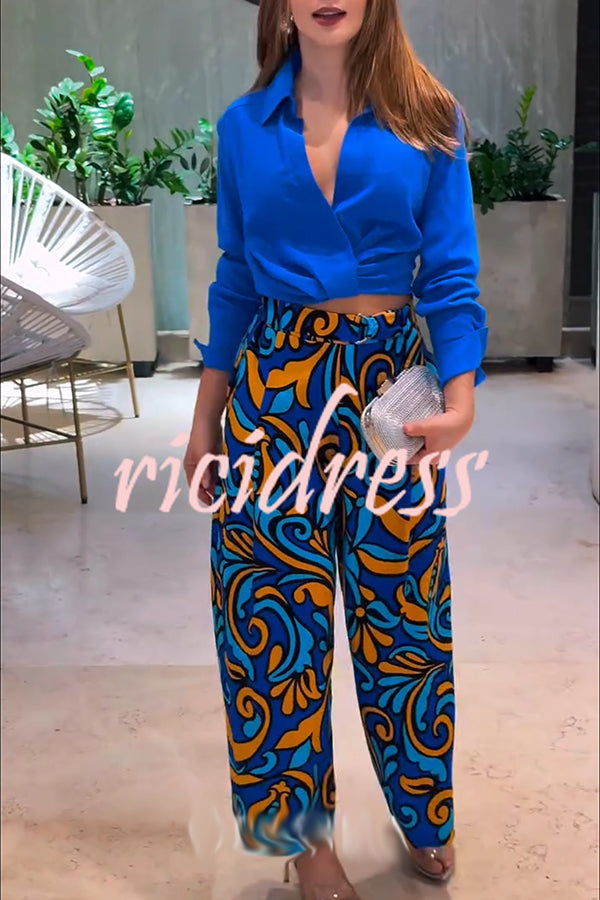 Ocean Heart Linen Blend Printed Ruched Hem Blouse and Belted High Rise Pocket Loose Pants Set