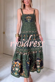 Tropical Look Linen Blend Floral Print Square Neck Back Smocked Midi Dress