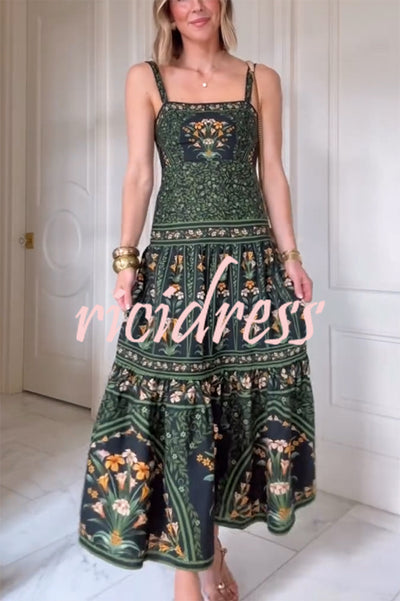 Tropical Look Linen Blend Floral Print Square Neck Back Smocked Midi Dress