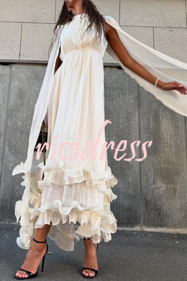 Fashionable V-neck Lace-up Ruffled Double-layer Hem Maxi Dress