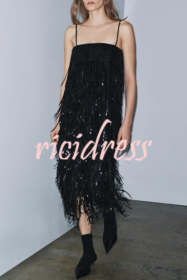 Chic Celebration Layered Sequined Tassels Slip Strapless H-line Midi Dress